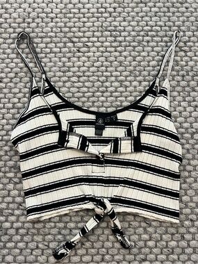 Volcom Black & White Striped Tie-Front Ribbed Cami